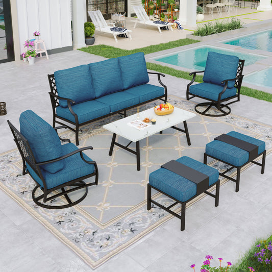 Sophia&William 7 Seat Patio Conversation Set Outdoor Sofa Furniture Set with Marble Table & Ottomans, Pacific Blue