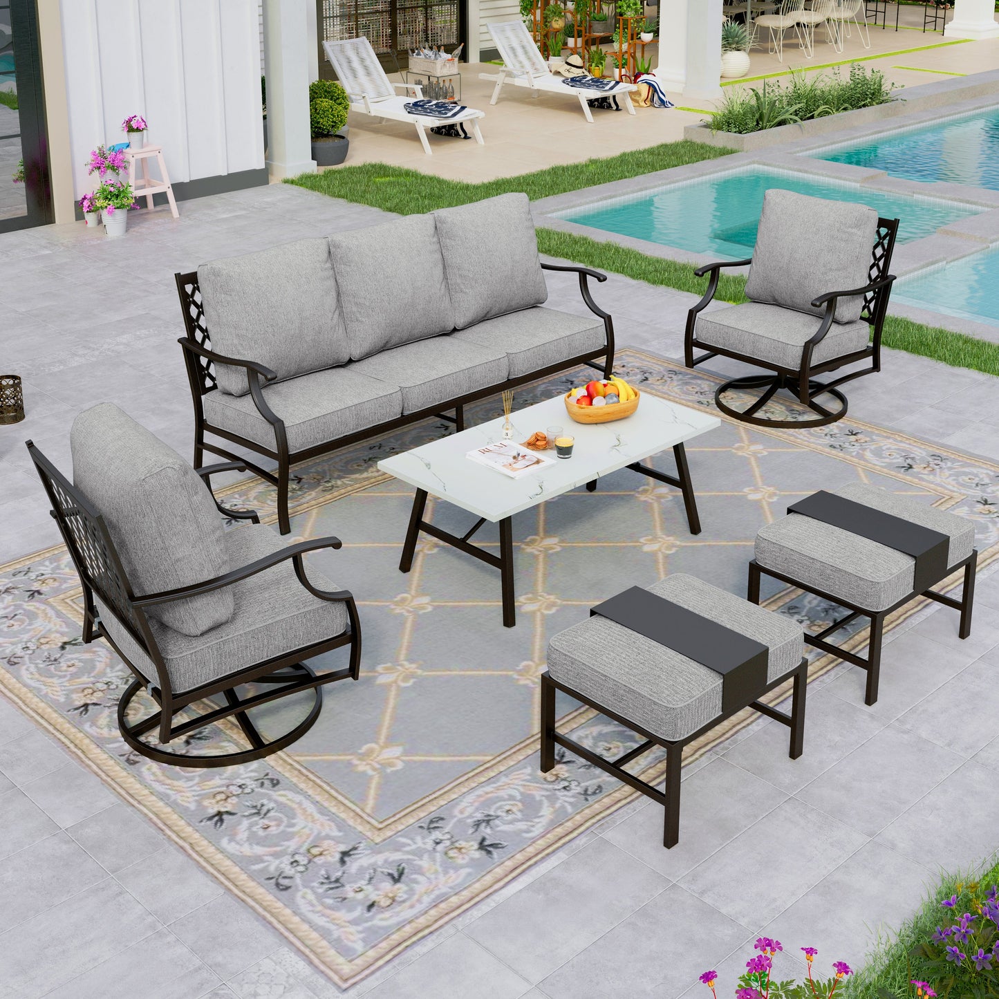Sophia&William 7 Seat Patio Furniture Set Outdoor Conversation Set Metal Sofa with Multi-Ottomans & Swivel Chairs, Gray