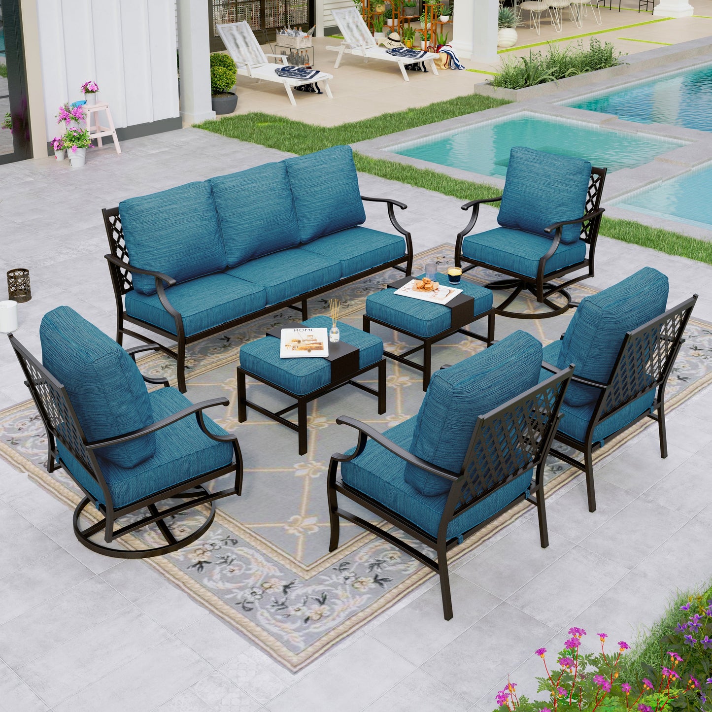 Sophia&William 9 Seat Patio Conversation Set Outdoor Sofa Furniture Set with Ottomans, Pacific Blue