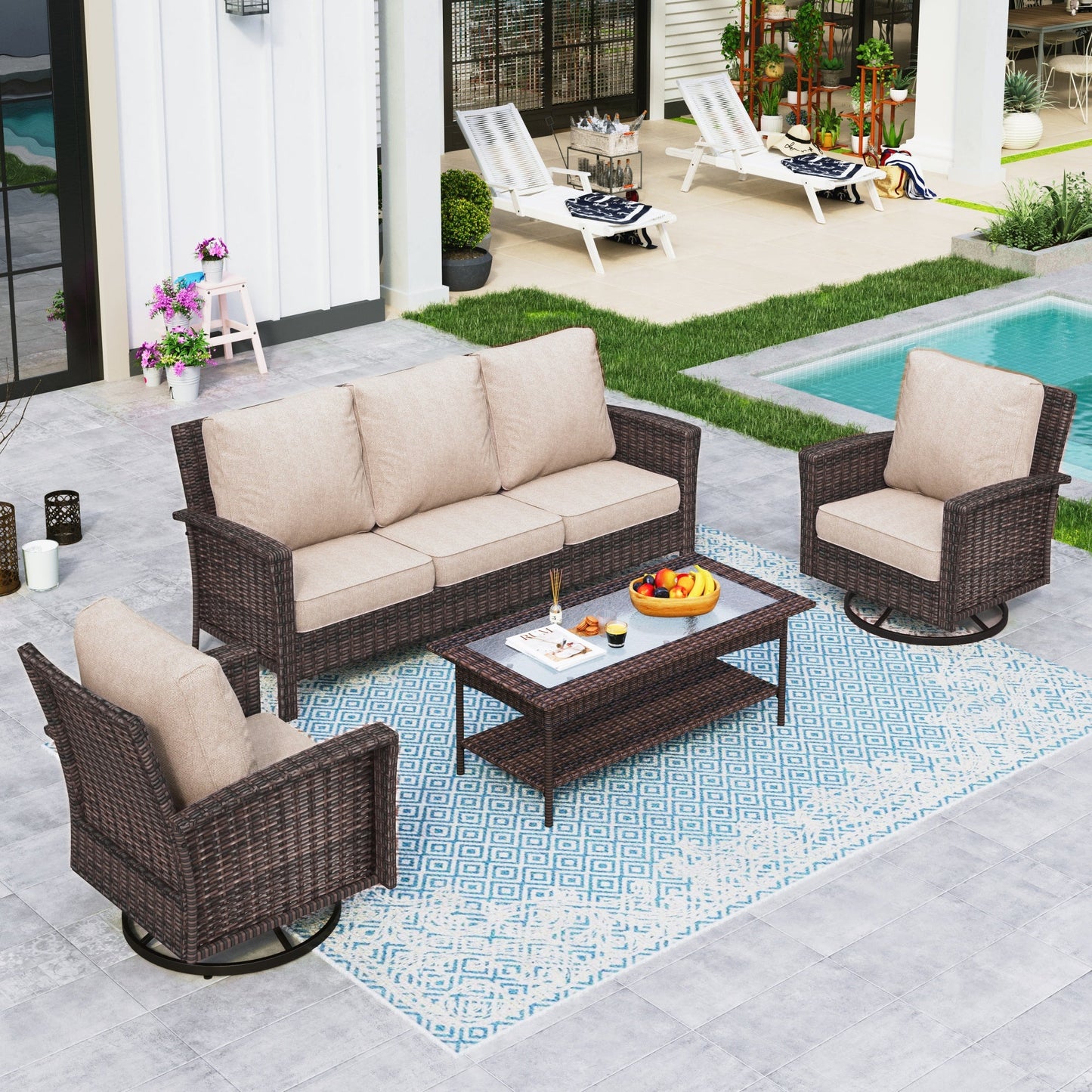 Sophia & William 4 Pieces Patio Furniture Set with Swivel Chairs 5-Seat Wicker Outdoor Conversation Set with Thickened Cushions