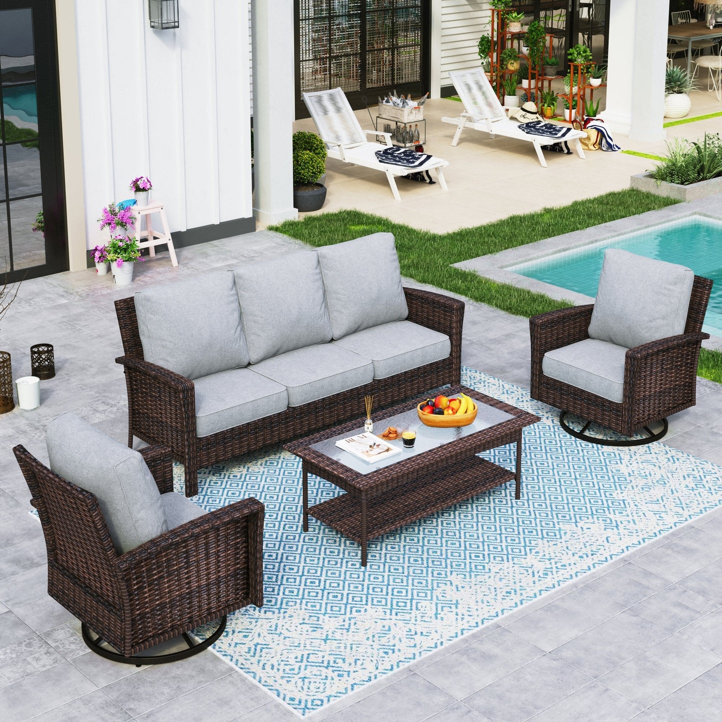 Sophia & William 4 Pieces Patio Furniture Set with Swivel Chairs 5-Seat Wicker Outdoor Conversation Set with Thickened Cushions
