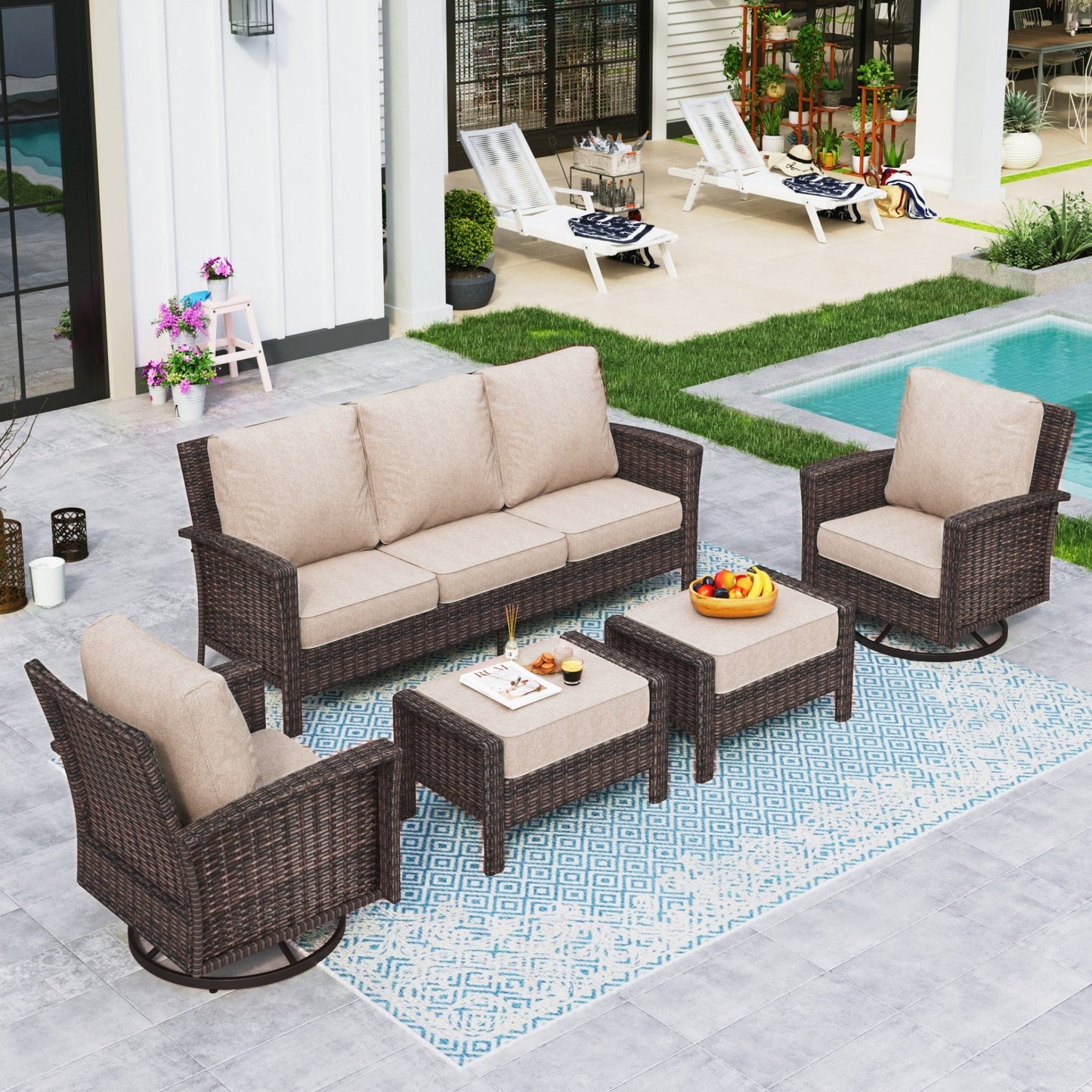 Sophia & William 5 Pieces Patio Furniture Set with Swivel Chairs 7-Seat Wicker Outdoor Conversation Set with Thickened Cushions