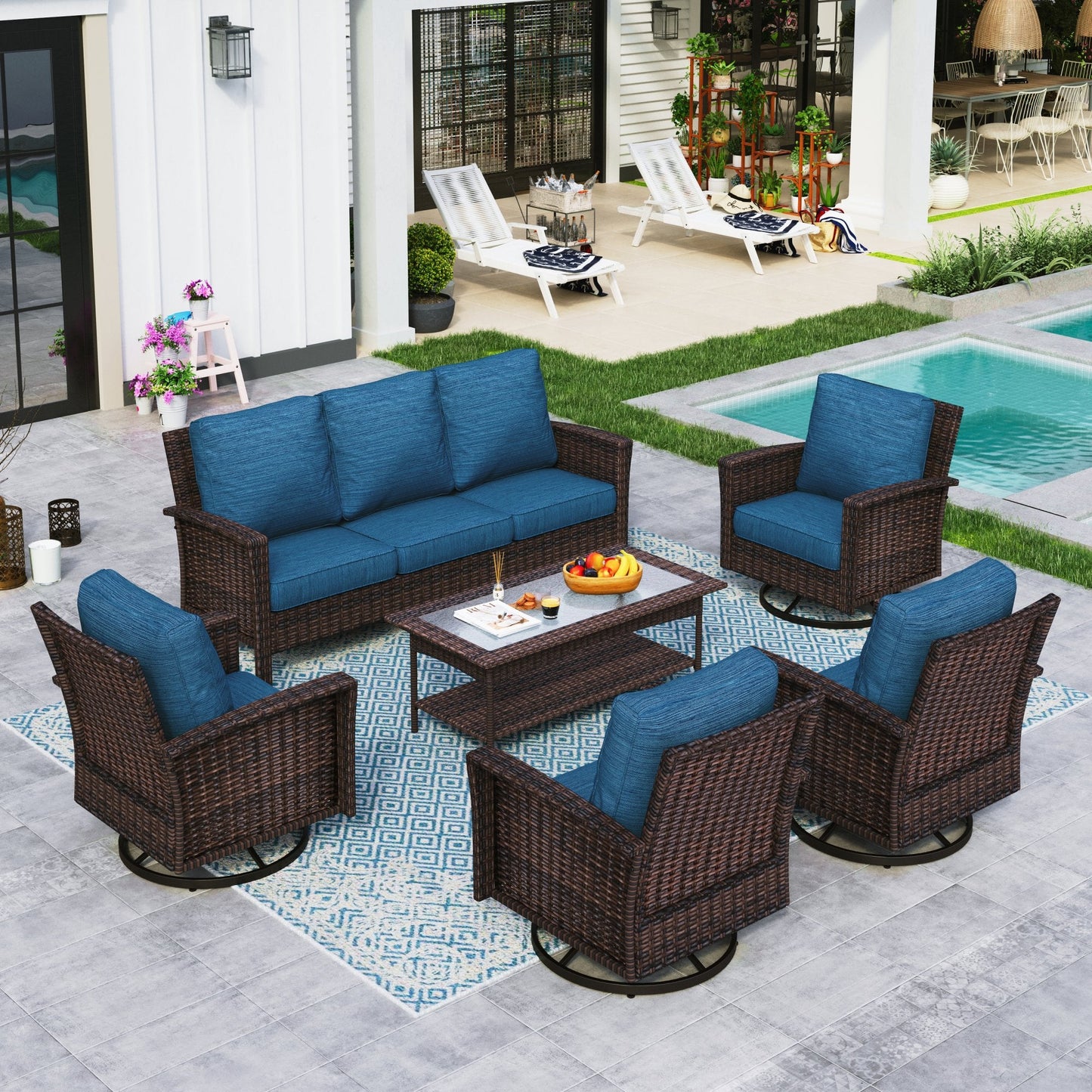 Sophia & William 6 Pieces Patio Furniture Set with Swivel Chairs 7-Seat Wicker Outdoor Conversation Set with Thickened Cushions