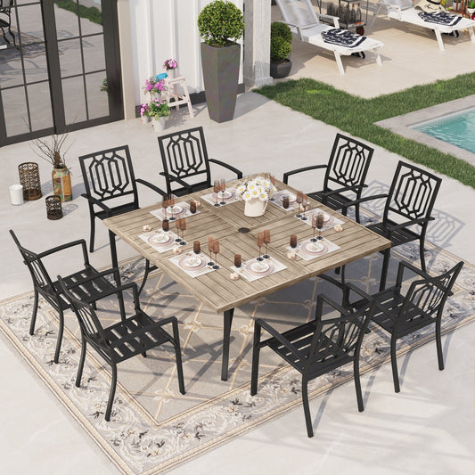 Sophia & William 9 Piece Outdoor Metal Patio Dining Set 57.5inch Wood-like Square Table and Stackable Chairs Furniture Set for 8, Brown