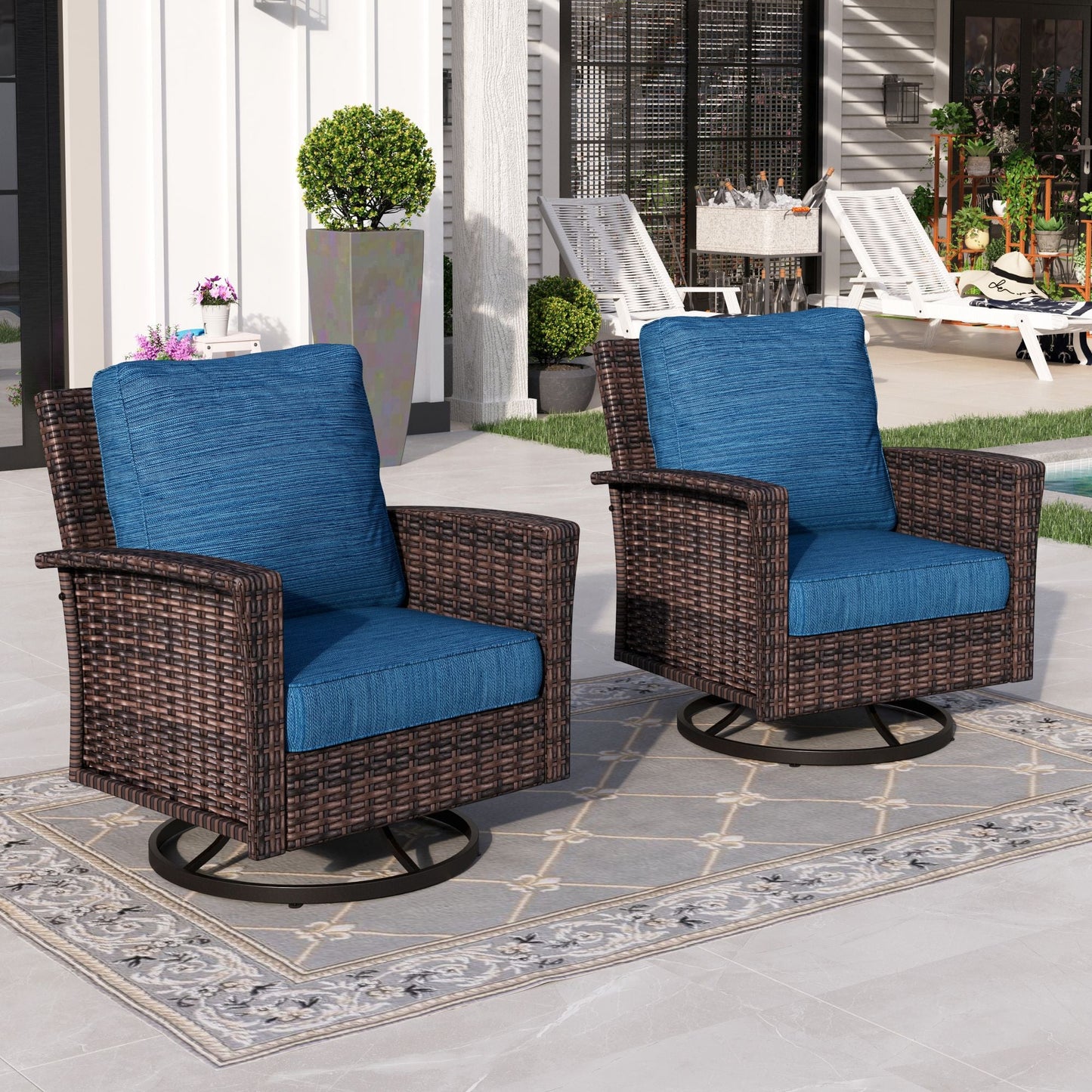 Sophia & William Outdoor Patio Wicker Swivel Chairs Set of 2 with 5.5" Thick Cushions, Pacific Blue