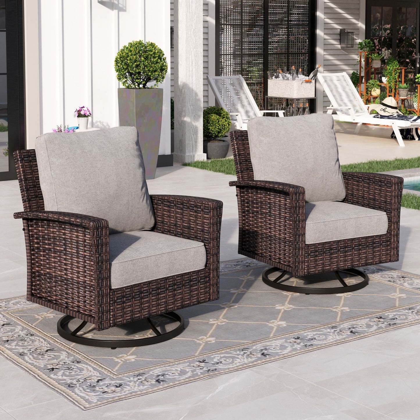 Sophia & William Outdoor Patio Wicker Swivel Chairs Set of 2 with 5.5" Thick Cushions, Light Grey