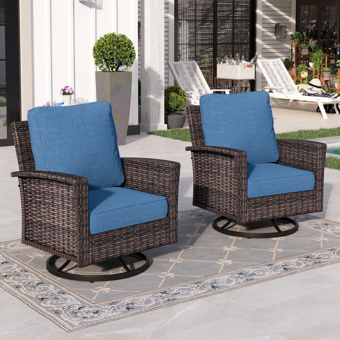 Sophia & William Outdoor Patio Wicker Swivel Chairs Set of 2 with 5.5" Thick Cushions, Navy Blue
