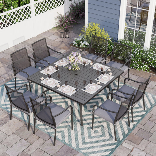 Alpha Joy 9 Piece Patio Metal Dining Set 60" Square Table and 8 Stackable Metal Patio Dining Chairs