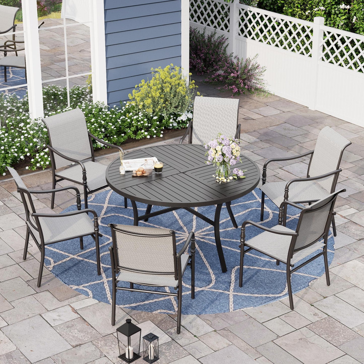 Alpha Joy Outdoor Patio Dining Set with 52 Round Table & Textilene Chairs for 6