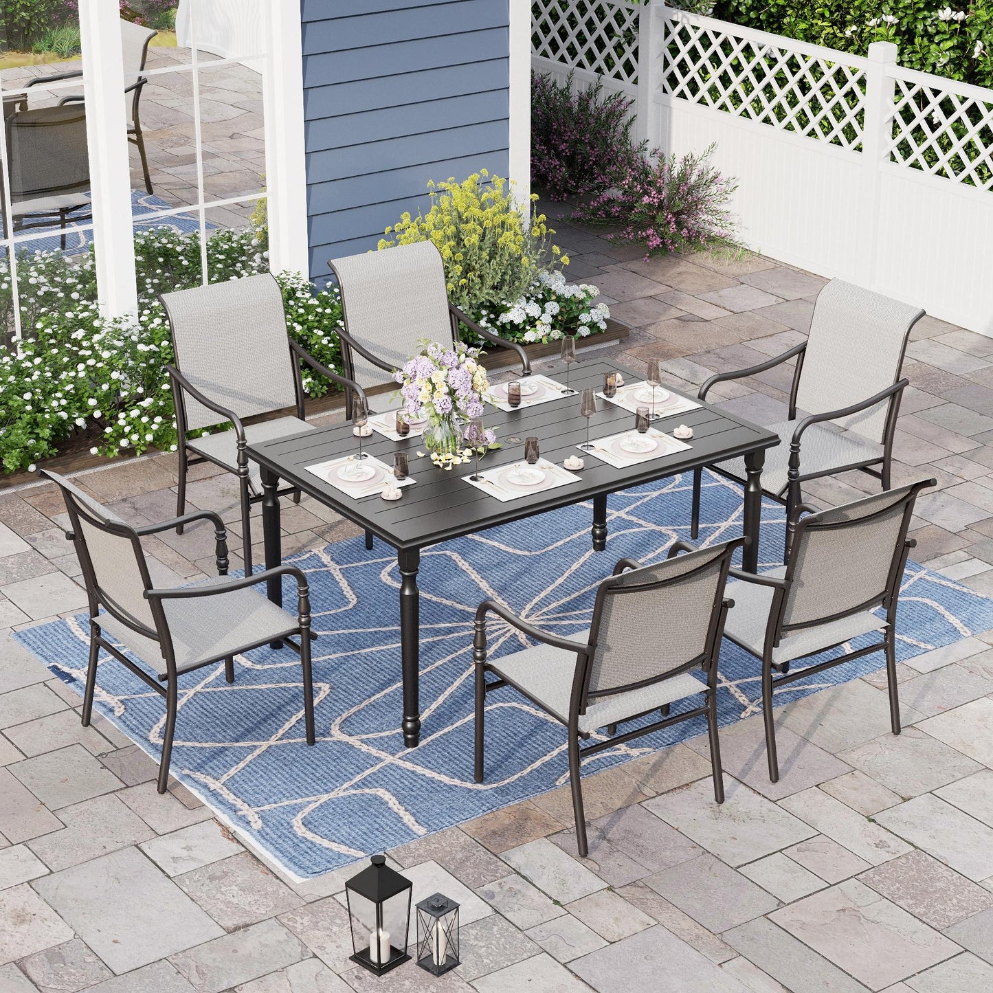 Alpha Joy Outdoor Patio Dining Set with 60 Rectangular Table & Textilene Chairs for 6