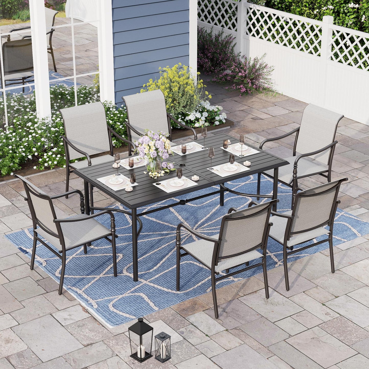 Alpha Joy Outdoor Patio Dining Set with 67 Rectangular Table & Textilene Chairs for 6