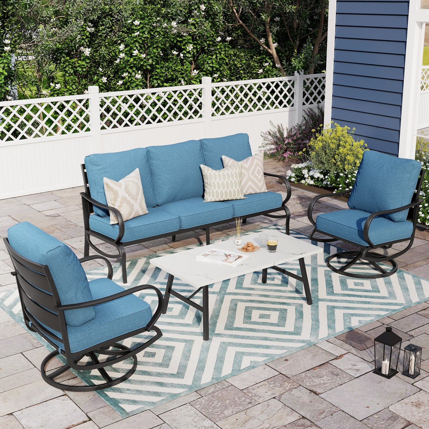 Alpha Joy 5 Seat Outdoor Patio Furniture Set Metal Conversation Set with Swivel Sofa Chairs, Navy Blue