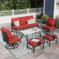 Alpha Joy 7 Seat Outdoor Patio Furniture Set Metal Conversation Set with Swivel Sofa Chairs & Table, Red
