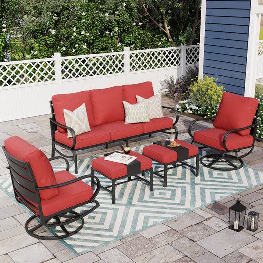 Alpha Joy 5 Piece Outdoor Patio Furniture Set Metal Conversation Set with Swivel Sofa Chairs & Ottomans, Red