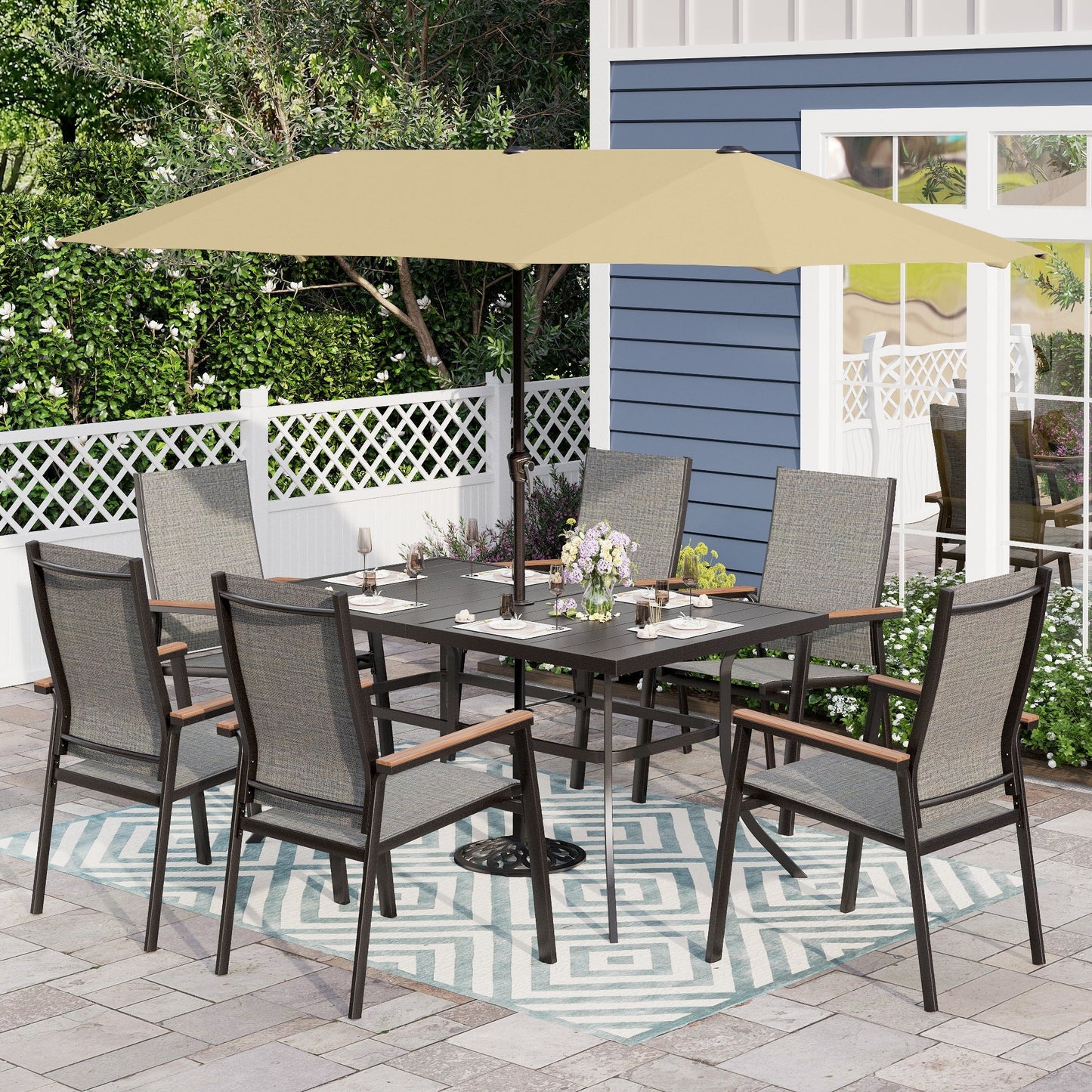 Alpha Joy 8-Piece Outdoor Patio Dining Set with 13 ft Beige Umbrella, Aluminum Textilene Chairs & Metal Table for 6