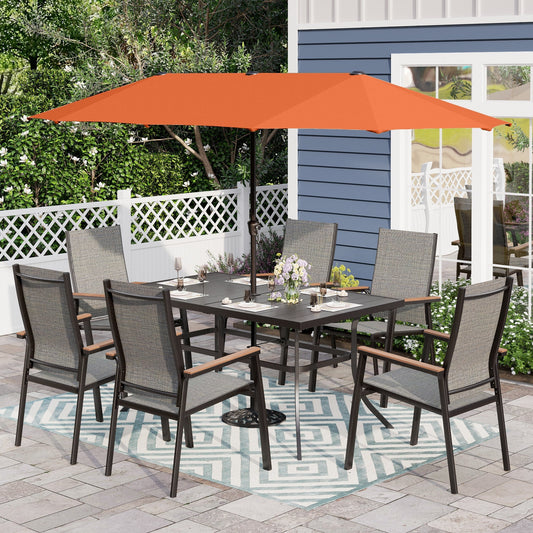 Alpha Joy 8-Piece Outdoor Patio Dining Set with 13 ft Orange Red Umbrella, Aluminum Textilene Chairs & Rectangle Table for 6