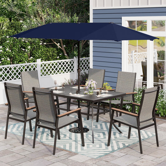 Alpha Joy 8-Piece Outdoor Patio Dining Set with 13 ft Navy Blue Umbrella, Aluminum Textilene Chairs & Metal Table for 6