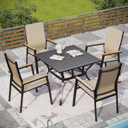 Alpha Joy Outdoor Patio Dining Set with 37 Square Metal Table & Textilene Chairs for 4, Beige