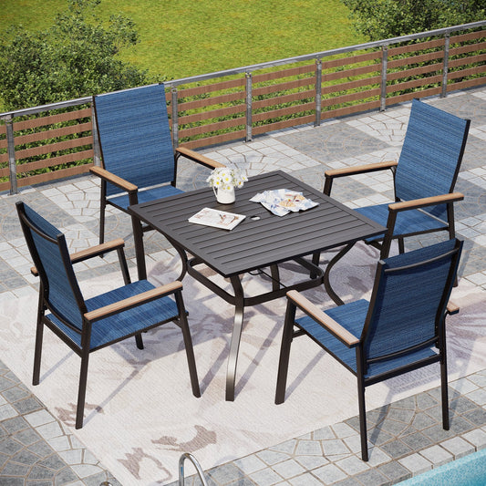 Alpha Joy Outdoor Patio Dining Set with 37 Square Metal Table & Textilene Chairs for 4, Blue