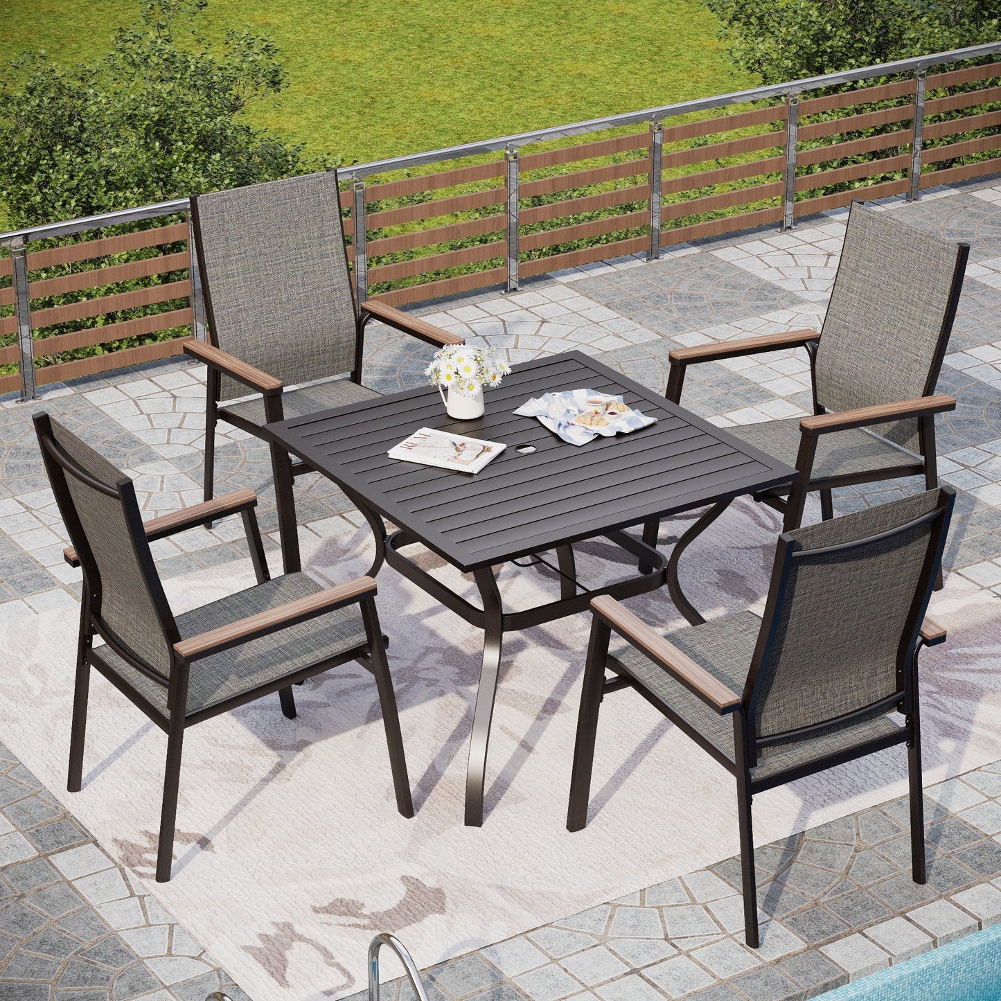 Alpha Joy Outdoor Patio Dining Set with 37 Square Metal Table & Textilene Chairs for 4, Gray
