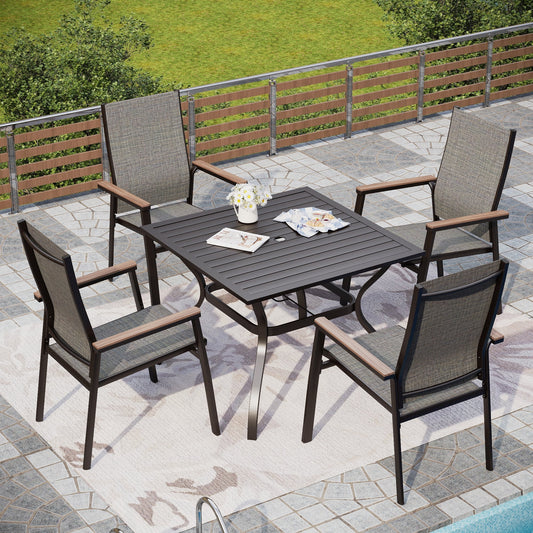Alpha Joy Outdoor Patio Dining Set with 37 Square Metal Table & Textilene Chairs for 4, Gray