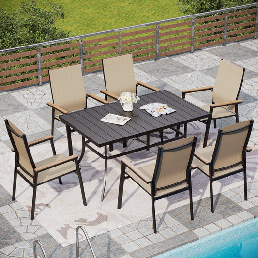 Alpha Joy Outdoor Patio Dining Set with Rectangular Metal Table & Textilene Chairs for 6, Beige
