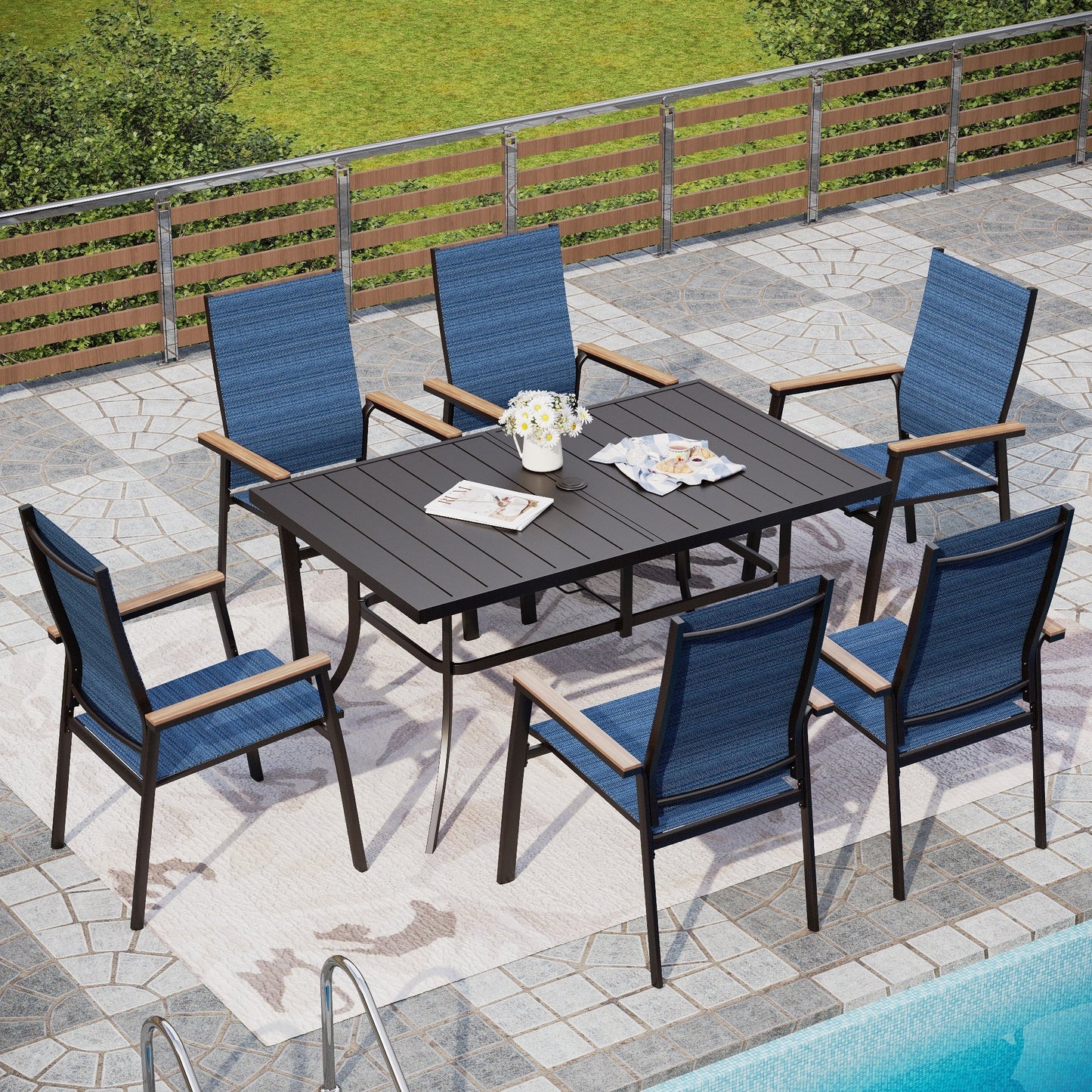 Alpha Joy Outdoor Patio Dining Set with Rectangular Metal Table & Textilene Chairs for 6, Blue