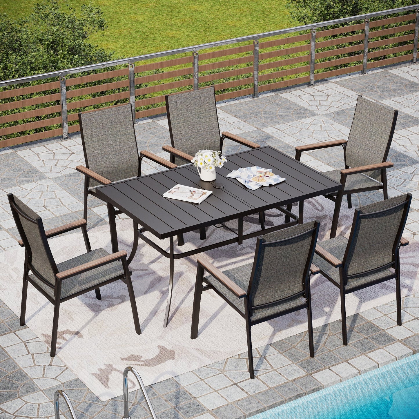 Alpha Joy Outdoor Patio Dining Set with Rectangular Metal Table & Textilene Chairs for 6, Gray