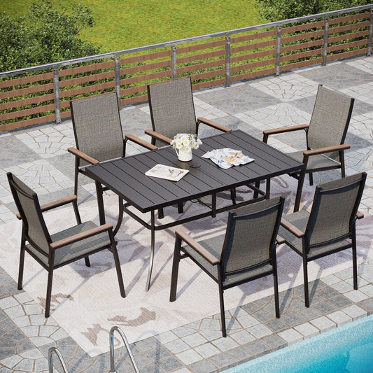Alpha Joy Outdoor Patio Dining Set with Rectangular Metal Table & Textilene Chairs for 6, Gray