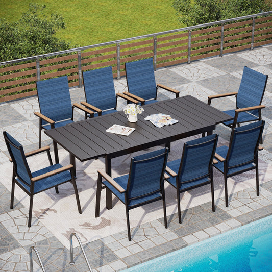 Alpha Joy Outdoor Patio Dining Set with 84 Expandable Table & Textilene Chairs for 8, Blue