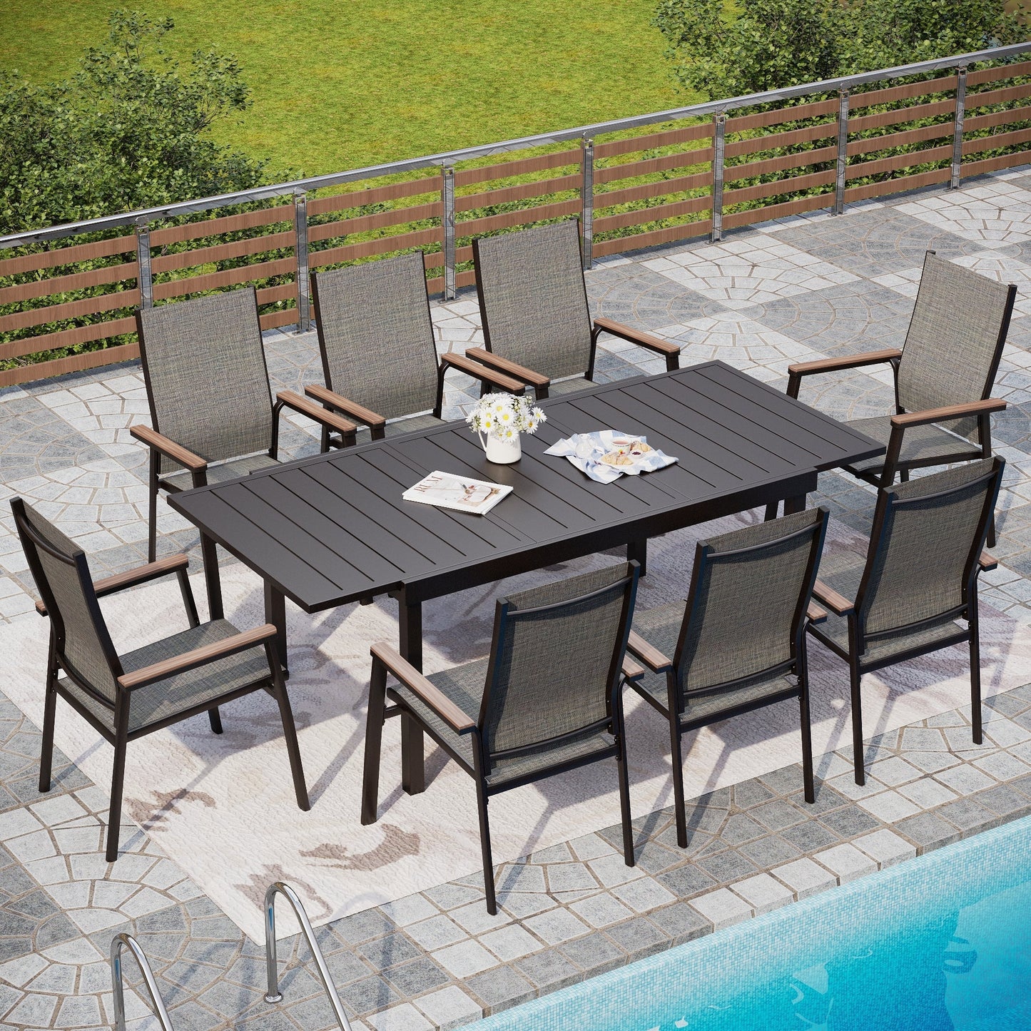 Alpha Joy Outdoor Patio Dining Set with 84 Expandable Table & Textilene Chairs for 8, Gray