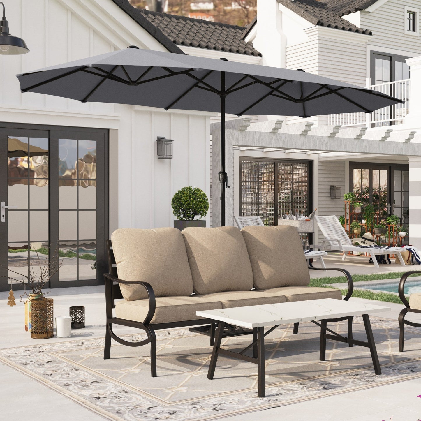 Alpha Joy 13x6.5ft Double-Sided Extra Large Outdoor Patio Market Rectangle Umbrella with Crank Handle, Smoky Gray