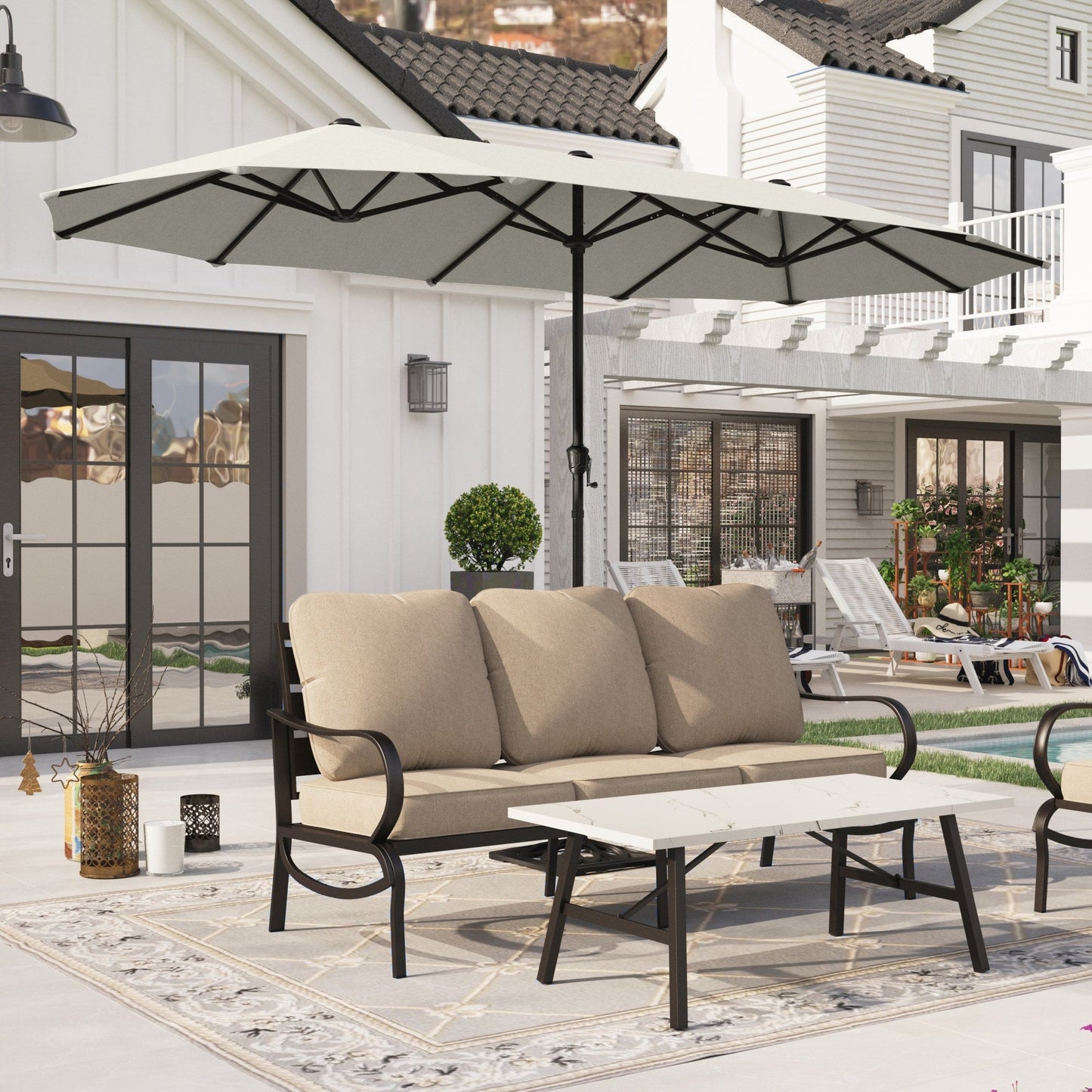 Alpha Joy 13x6.5ft Double-Sided Extra Large Outdoor Patio Market Rectangle Umbrella with Crank Handle, Ivory