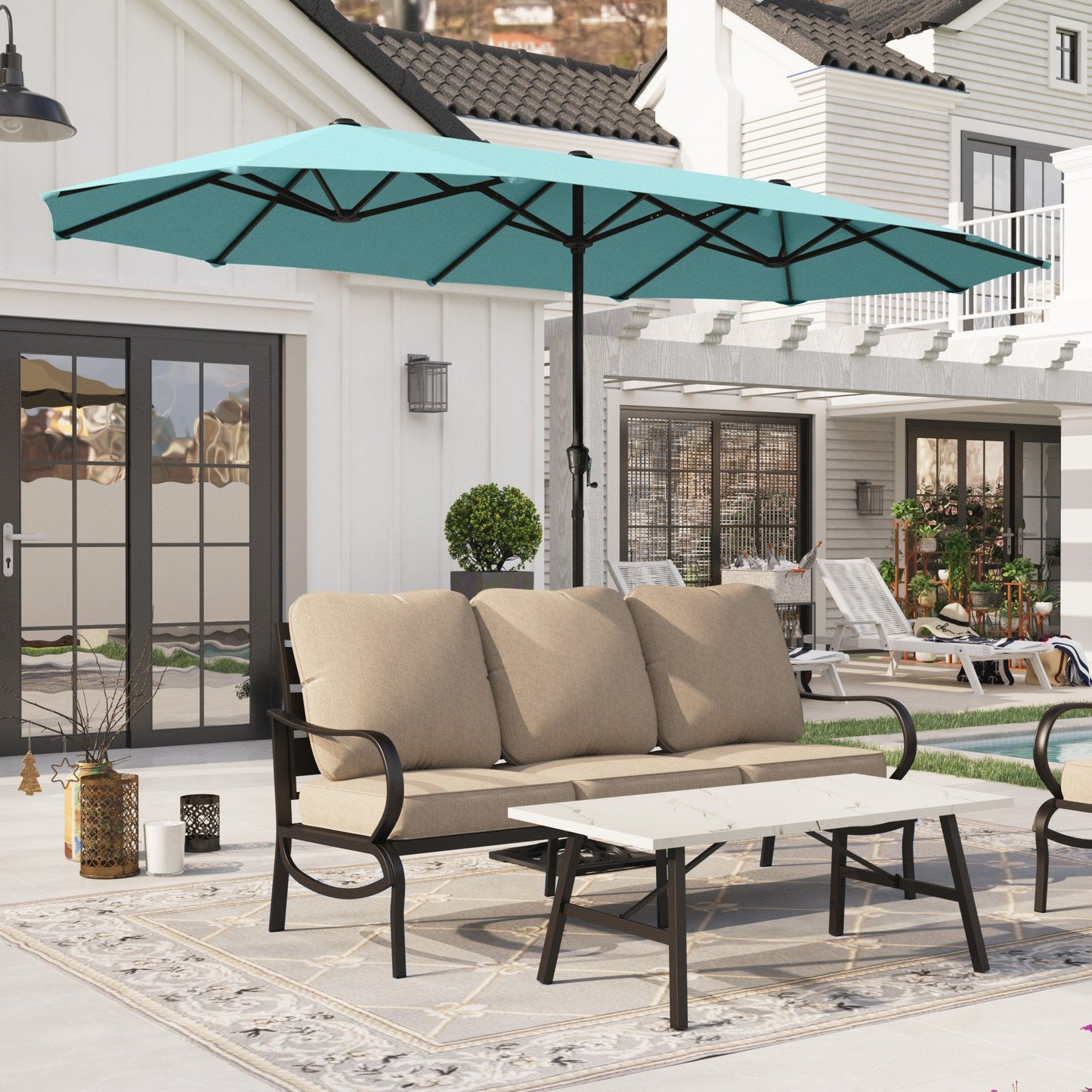 Alpha Joy 13x6.5ft Double-Sided Extra Large Outdoor Patio Market Rectangle Umbrella with Crank Handle, Turquoise