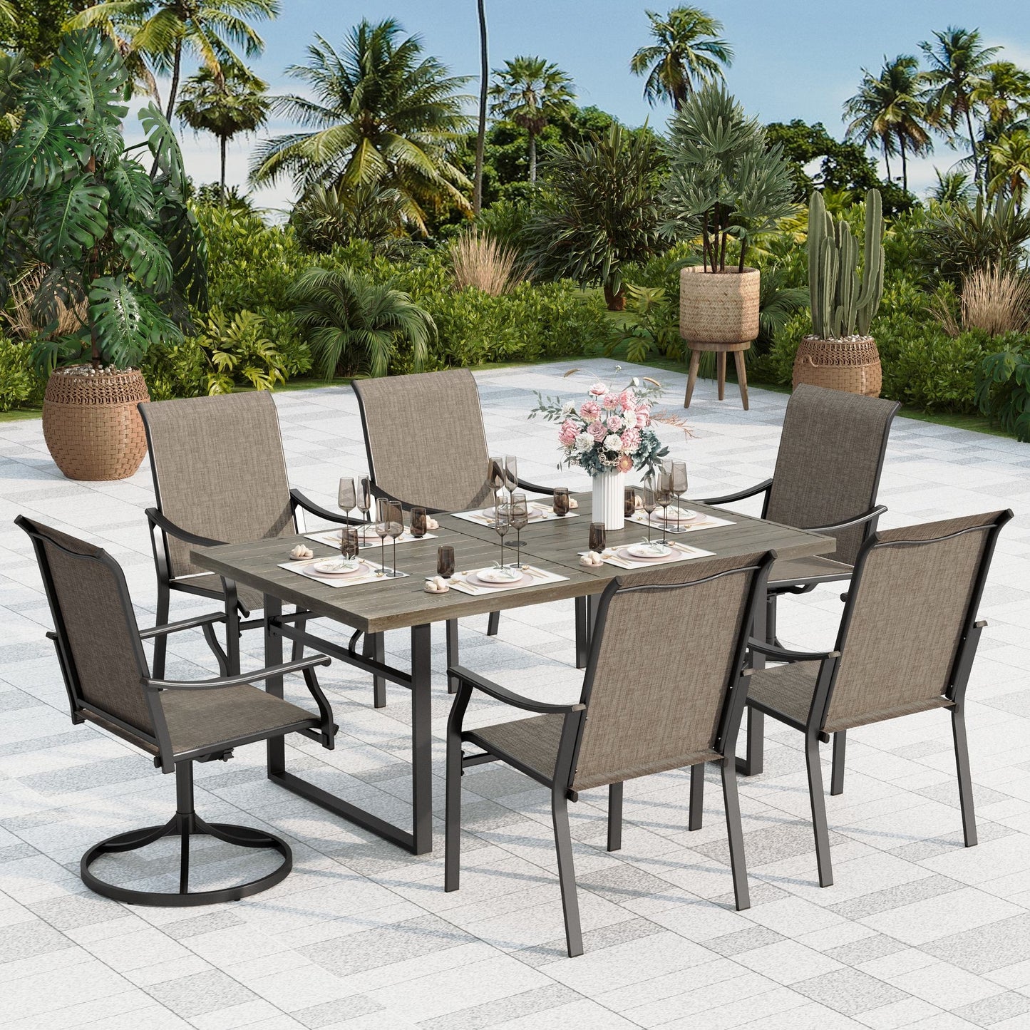 Sophia & William 7-Piece Outdoor Metal Patio Dining Set 4 Fixed & 2 Swivel Textilene Chairs and Wood-grain Table Set for 6