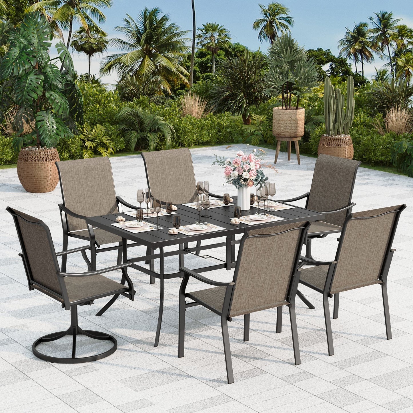 Sophia & William 7-Piece Outdoor Patio Dining Set with 2 Swivel Textilene Chairs, 4 Fixed Textilene Chairs and 1pc Rectangle Metal Table for 6
