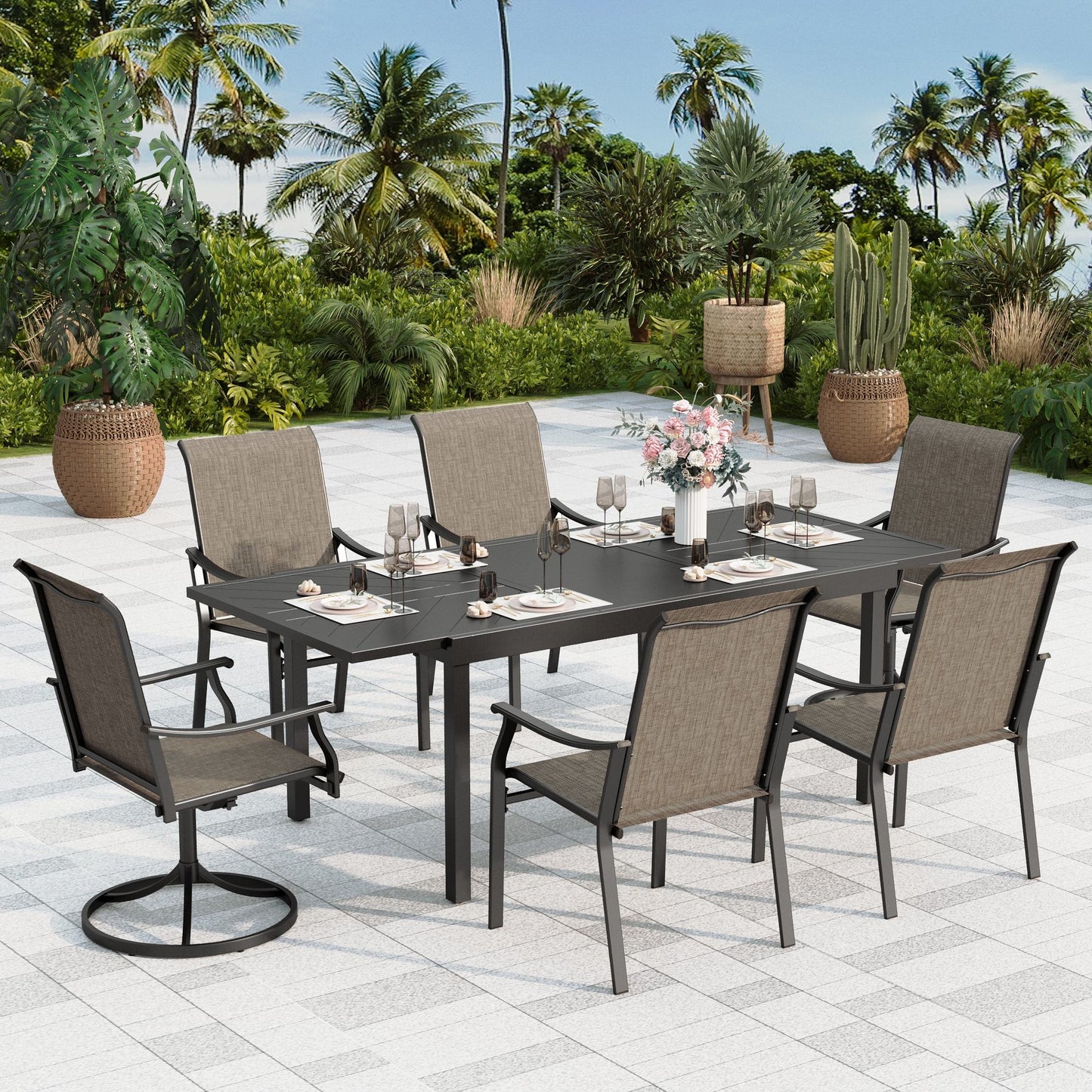 Sophia & William 7-Piece Outdoor Patio Dining Set with 4 Fixed & 2 Swivel Textilene Chairs and 1pc Extendable Table for 6