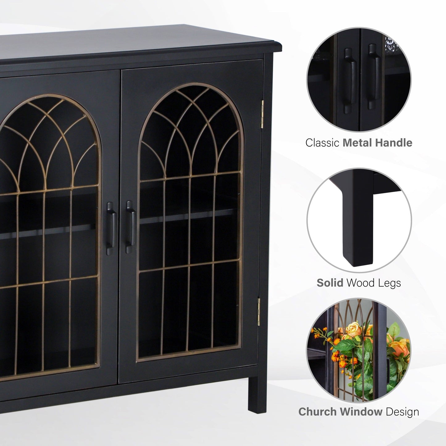 Alpha Joy 2-Door Accent Cabinet, Vintage Storage Cabinet in Church Window Design for Entryway, Dining Room, Black