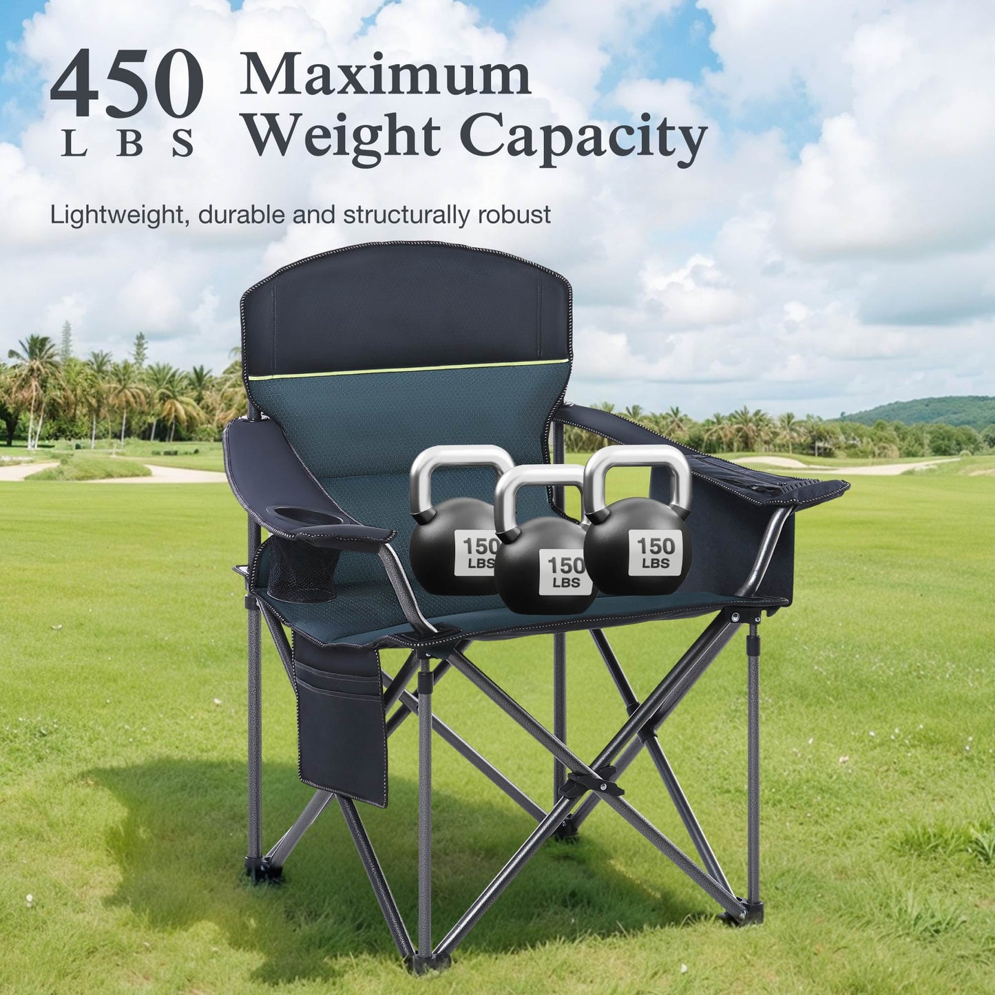 Sophia & William Heavy Duty Steel Camping Chair Outdoor Oversized Padded Lawn Chair with Cooler, 450LBS Capacity, 2 Pack, Green