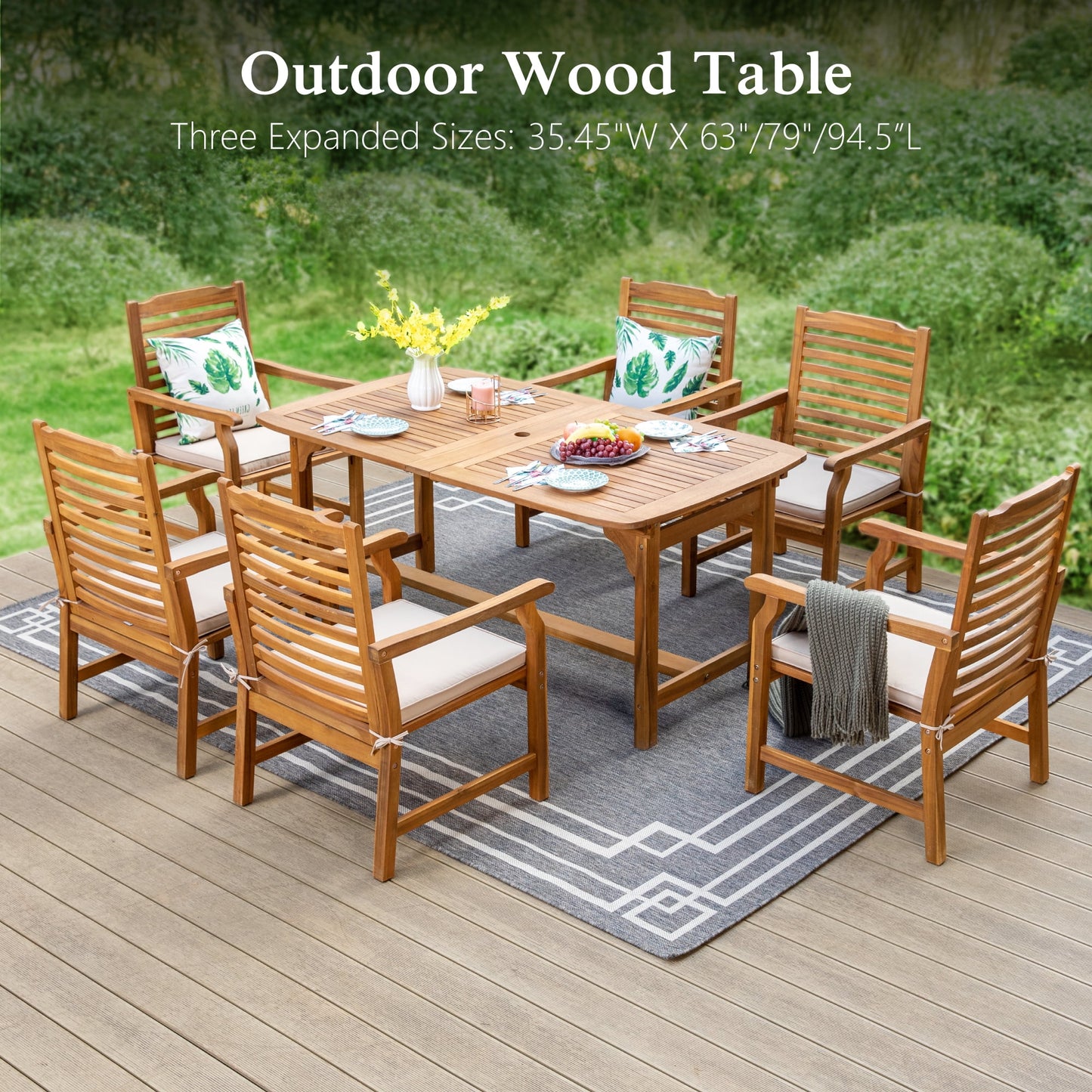 Sophia & William 7 Pieces Patio Dining Set Acacia Wood Outdoor Furniture Set Expandable Table and Natural Wood Chairs with Cushions for Lawn, Garden, Backyard