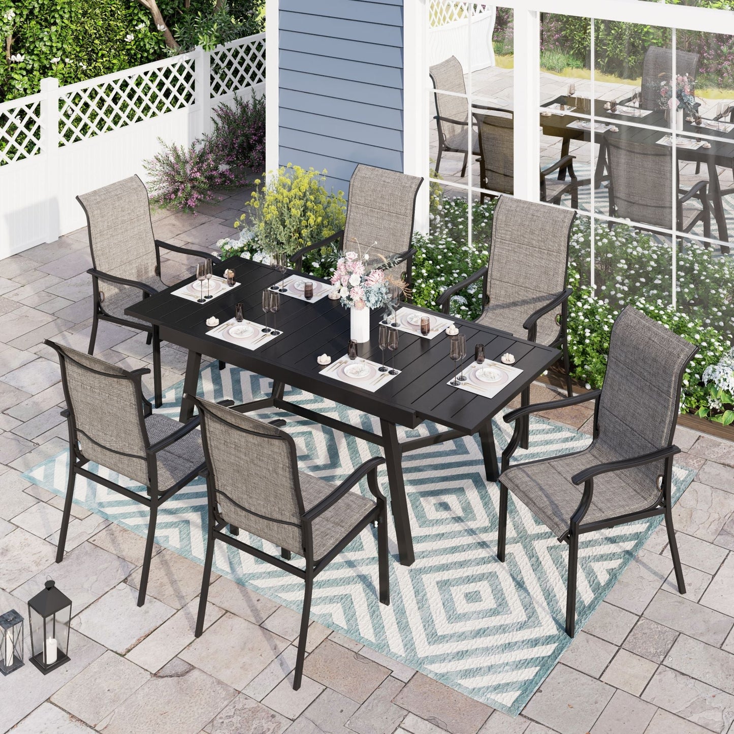 Sophia & William 7 Pieces Metal Outdoor Patio Dining Set with Gray Padded Textilene Chairs and Black Extendable Table