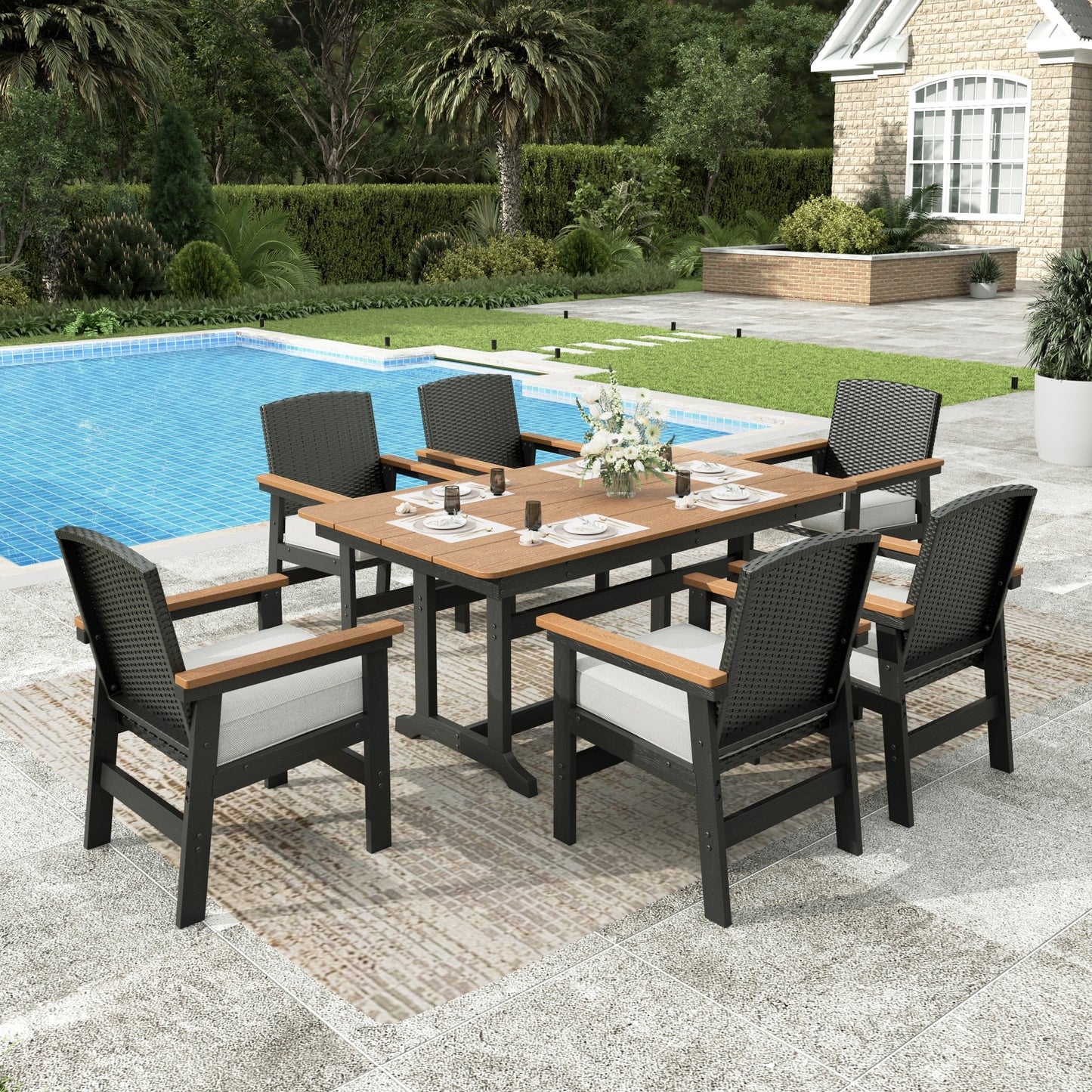 Sophia & William 7 Pieces Patio Outdoor Dining Set HDPE Furniture Set Wood-grain Table and Chairs Set with Wicker Back