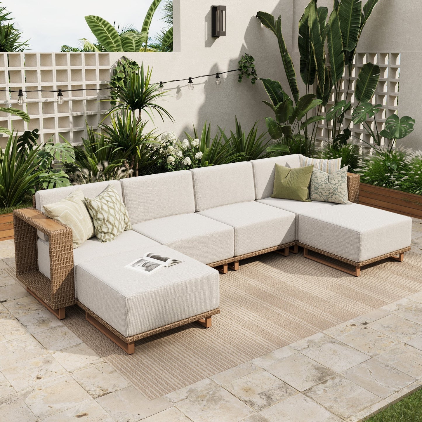 Sophia & William 6 Pieces Wicker Patio Furniture Set 6-Seat Outdoor Cushioned Conversation Set with Ottomans, Yellow-Brown & Beige