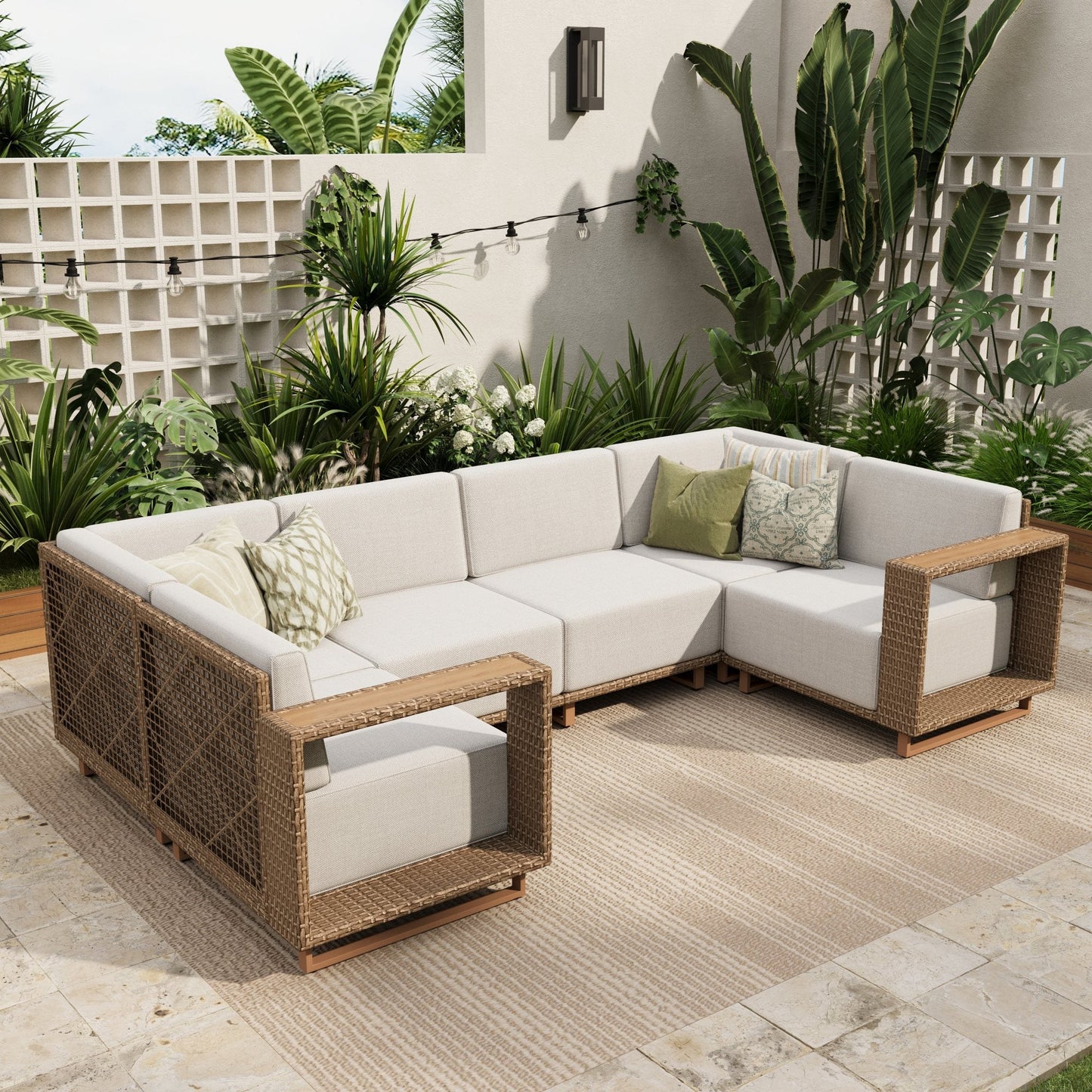 Sophia & William 6 Pieces U-shaped Wicker Patio Furniture Set 6-Seat Outdoor Cushioned Conversation Set, Yellow-Brown & Beige