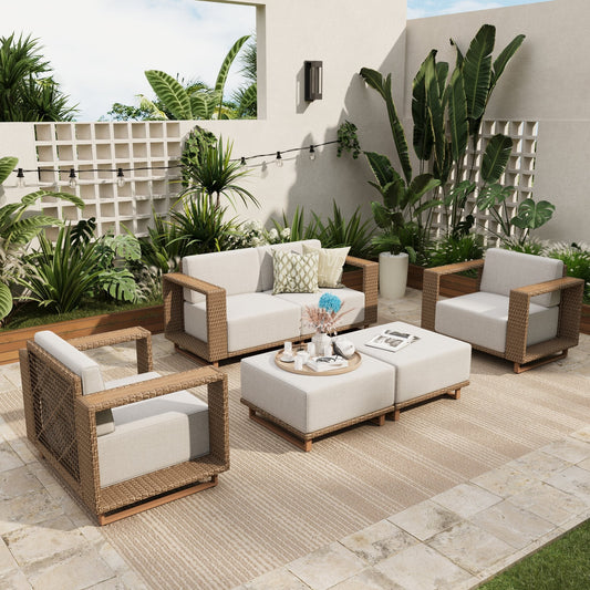 Sophia & William 6 Pieces Wicker Patio Furniture Set 6-Seat Outdoor Cushioned Conversation Set with 2 Sofa Chairs, Yellow-Brown & Beige