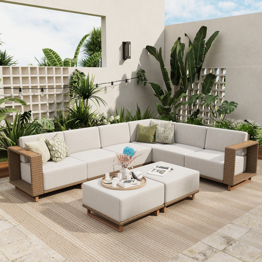 Sophia & William 8 Pieces L-shaped Wicker Patio Furniture Set 8-Seat Outdoor Cushioned Conversation Set, Yellow-Brown & Beige