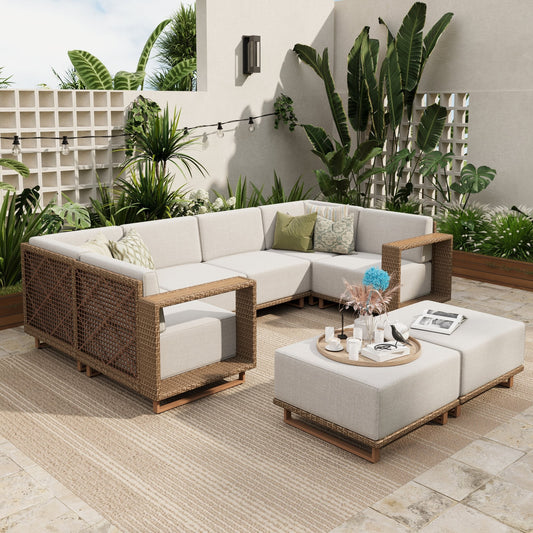 Sophia & William 8 Pieces U-shaped Wicker Patio Furniture Set 8-Seat Outdoor Cushioned Conversation Set, Yellow-Brown & Beige
