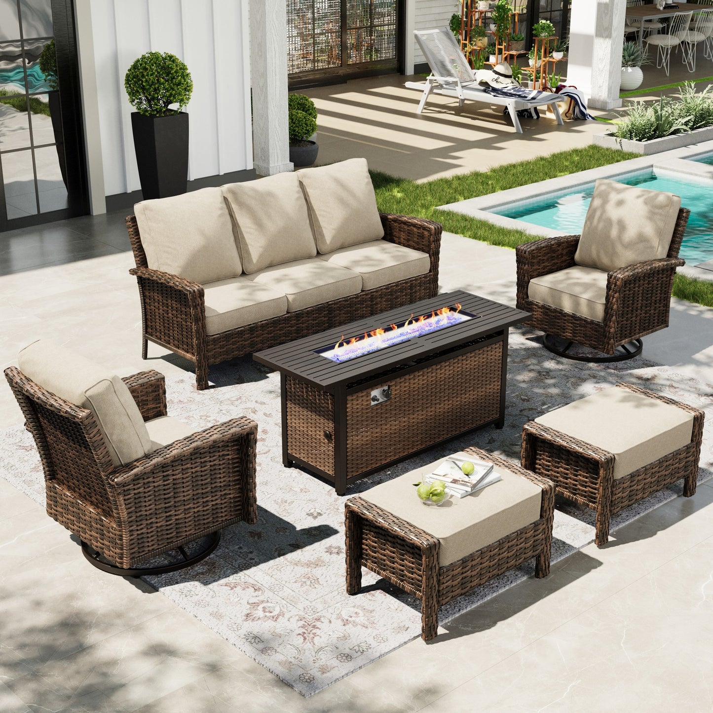 Sophia & William 6 Pieces Patio Furniture Set with 56" Fire Pit Table Wicker Outdoor Conversation Set with 5.5" Thickened Cushions