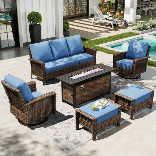 Sophia & William 6 Pieces Patio Furniture Set with 56" Fire Pit Table Wicker Outdoor Conversation Set with 5.5" Thickened Cushions