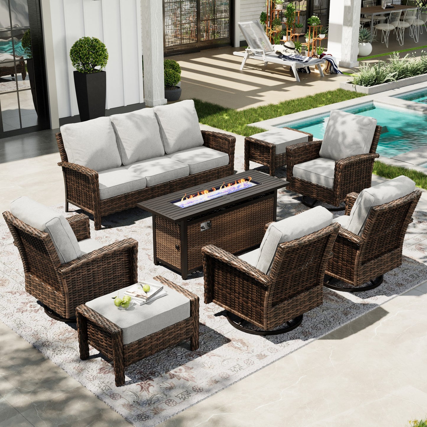 Sophia & William 8 Pieces Patio Furniture Set with 56" Fire Pit Table, High Back Swivel Chairs and 5.5" Thickened Cushions